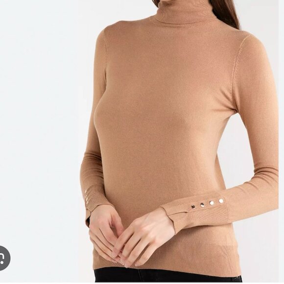 New Zara Tan Basic Knit Turtleneck Sweater Gold Sleeve Buttons Size S - Picture 1 of 12